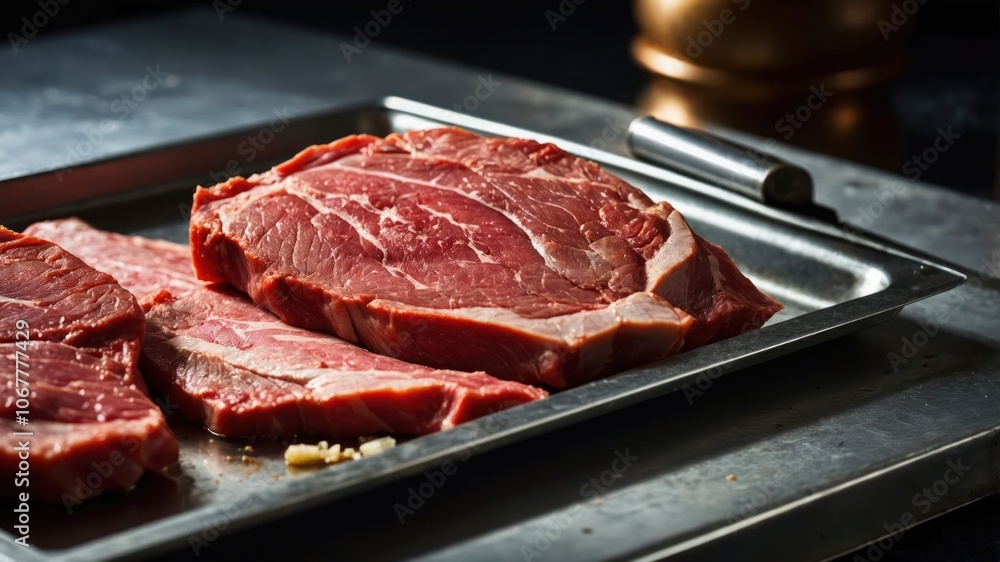 Fresh cuts of beef displayed on a metal tray, ready for cooking or preparation. Fresh cuts of beef displayed on a metal tray, ready for cooking or preparation.