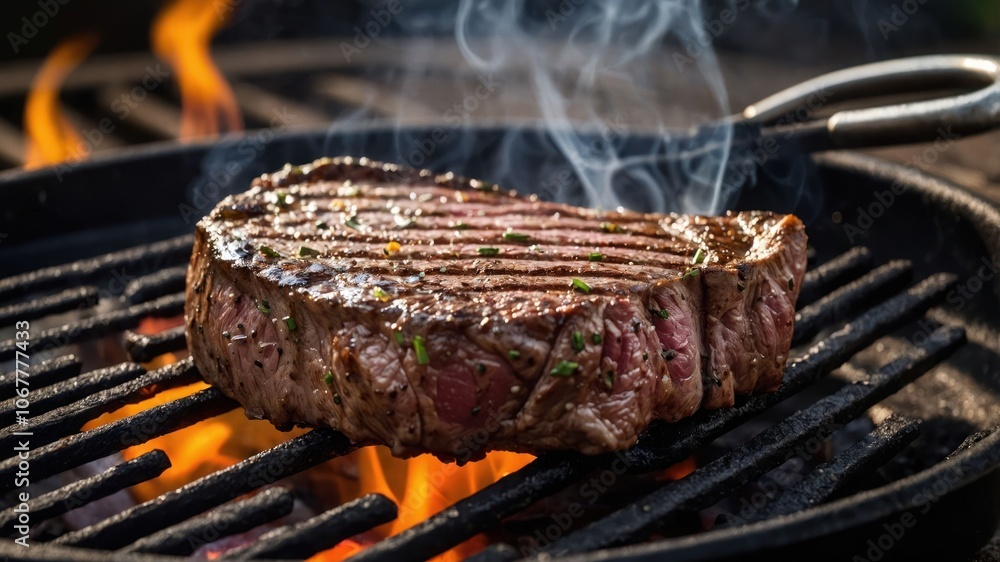 A perfectly grilled steak sizzling over an open flame, showcasing culinary craftsmanship. A perfectly grilled steak sizzling over an open flame, showcasing culinary craftsmanship.