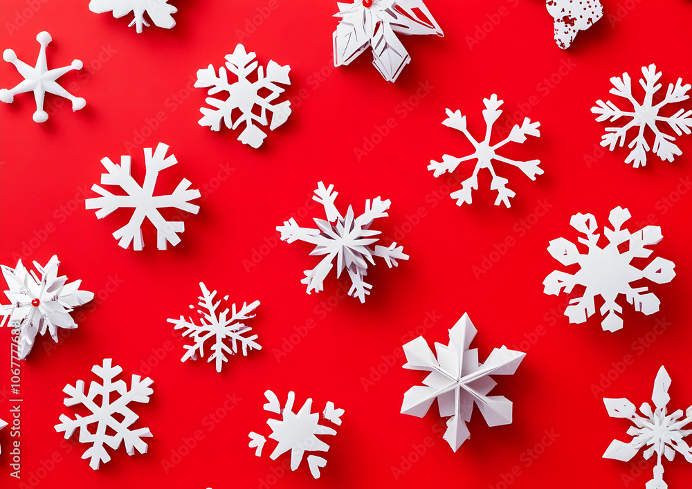 Holiday image background - A collection of white paper snowflakes on a vibrant red background, evoking winter themes. Holiday image background - A collection of white paper snowflakes on a vibrant red background, evoking winter themes.