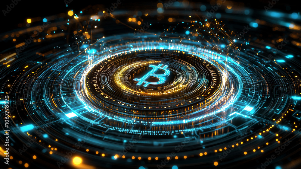 Obraz premium Abstract Bitcoin Coin with Holographic Data Streams on Black Background