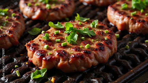 Grilled kebapche with herbs on cast iron grill photo