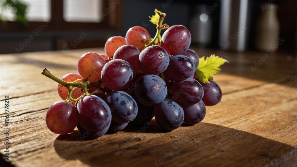 A cluster of fresh grapes resting on a wooden table, illuminated by natural light. A cluster of fresh grapes resting on a wooden table, illuminated by natural light.