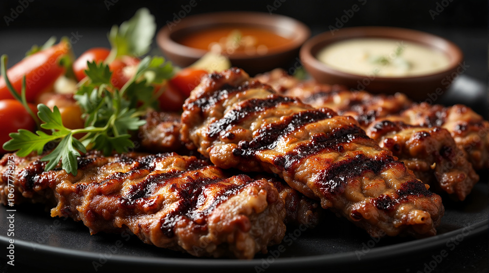 Grilled kebapche with sauces and fresh vegetables Grilled kebapche with sauces and fresh vegetables