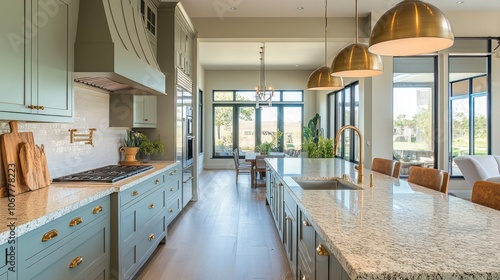 Modern Kitchen Interior with Granite Countertops and Green Cabinets