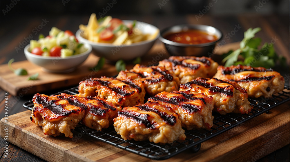 Grilled kebapche with sides on wooden board Grilled kebapche with sides on wooden board