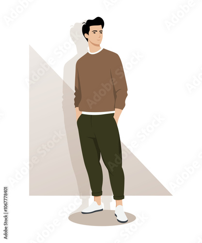 A young man in a light sweater and dark trousers stands relaxed. Light and minimalist casual style, emphasizing simplicity and comfort.