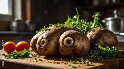 A whimsical arrangement of potatoes with eyes, garnished with herbs and tomatoes.