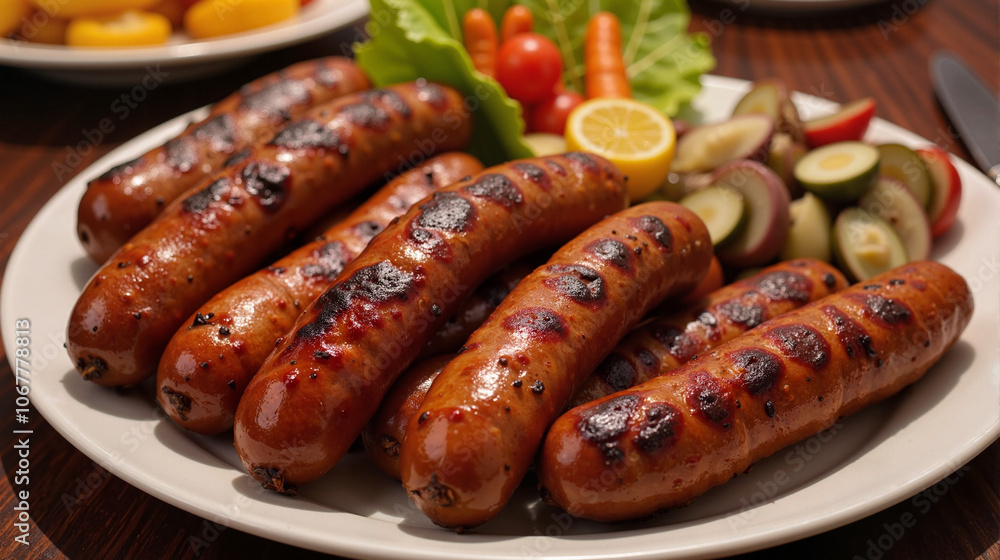Grilled sausages with fresh vegetables on white plate Grilled sausages with fresh vegetables on white plate