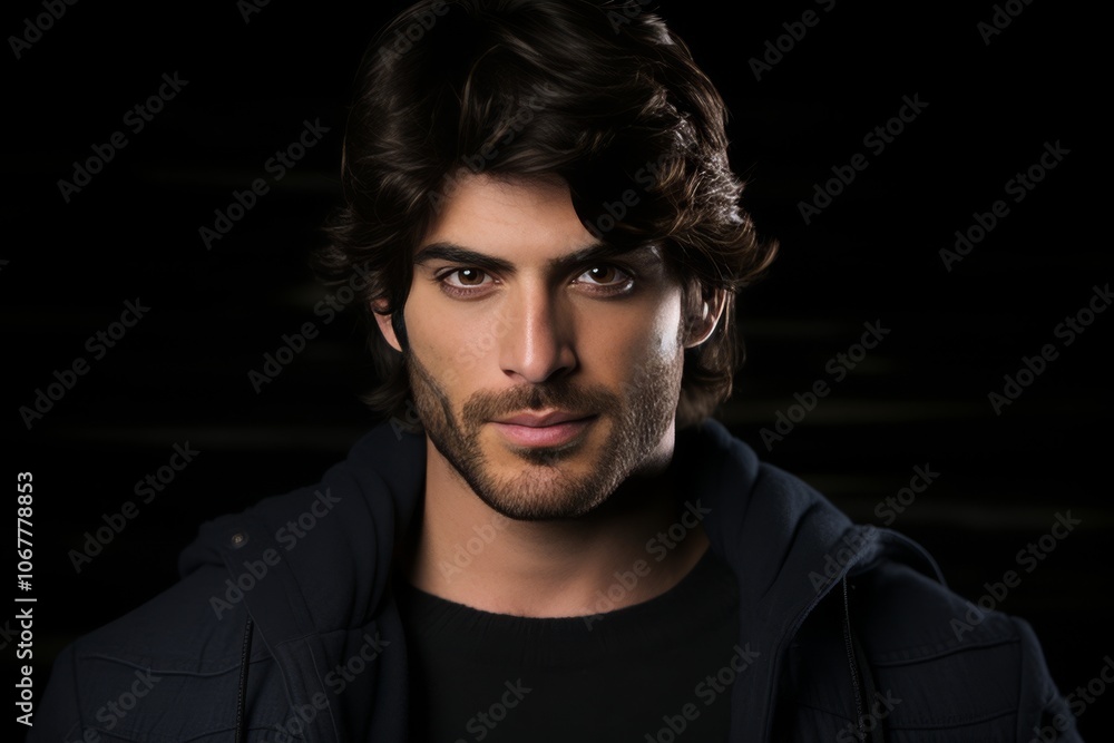Obraz premium Portrait of a Confident Young Man on Black Background, Studio Lighting, Dark and Moody Stubble