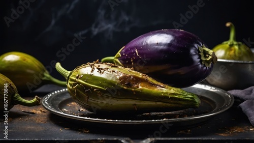 A composition of fresh eggplants on a dark surface, showcasing their vibrant colors and textures. photo