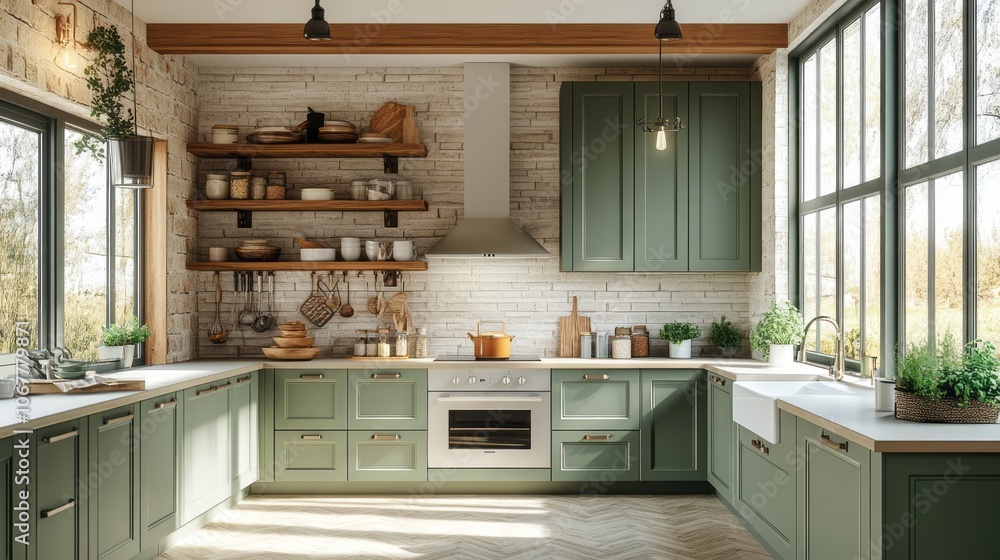 Fototapeta premium Modern Green Kitchen with Brick Wall, Wooden Shelves, and Large Windows