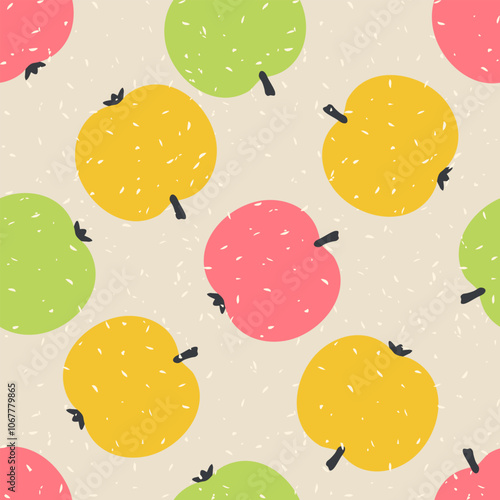 Seamless vector seamless pattern with retro style textured apples. Perfect print for card, label, textile, fabric, paper. Hand drawn illustration.