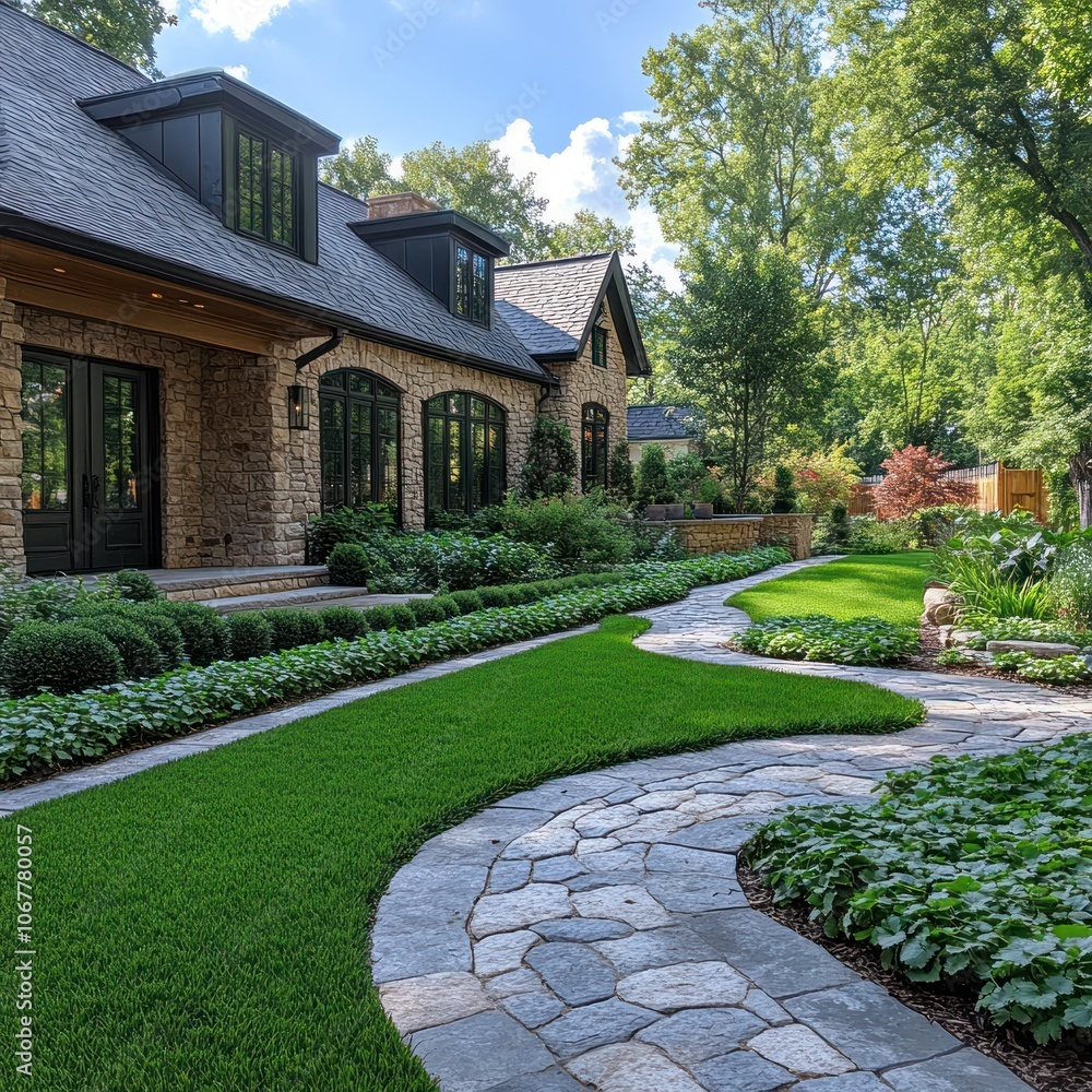 Naklejka premium A winding stone path leads through a lush, landscaped yard towards a beautiful stone house with a large, green lawn.