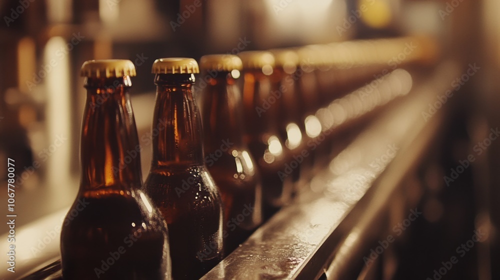 Bottles of craft beer on a production line in a brewery at sunset Bottles of craft beer on a production line in a brewery at sunset