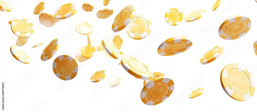 A cascade of golden casino chips floating in the air. A cascade of golden casino chips floating in the air.