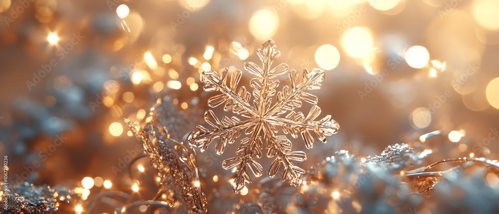 Detailed snowflake crystal displayed in a closeup view, surrounded by a dreamy winter background with soft bokeh lights, ideal for holiday celebrations Detailed snowflake crystal displayed in a closeup view, surrounded by a dreamy winter background with soft bokeh lights, ideal for holiday celebrations