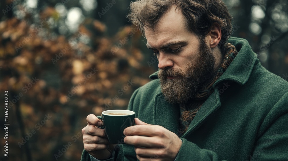 Man enjoying a warm drink in a tranquil forest setting during autumn Man enjoying a warm drink in a tranquil forest setting during autumn