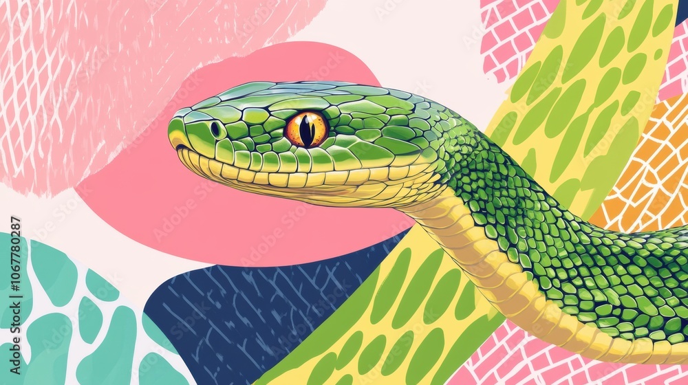 Fototapeta premium Colorful green snake illustration on vibrant abstract background