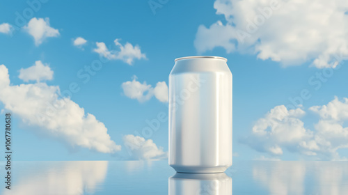 A white soda can on reflective surface, blue sky background