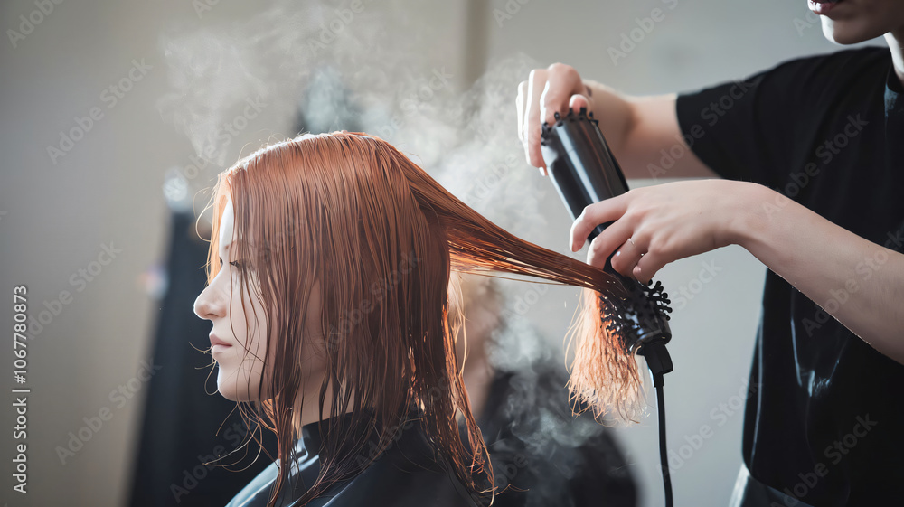 Fototapeta premium a hairstylist using a round brush while blow-drying a client's red hair