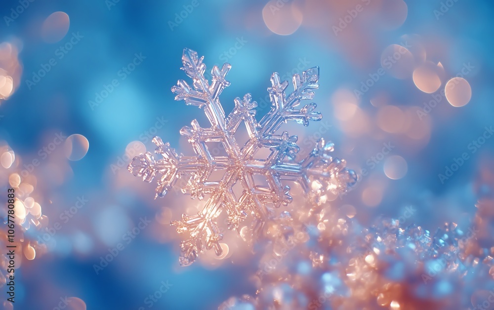 Intricate snowflake crystal against a gentle blue bokeh background, capturing the essence of Christmas celebration, elegant and festive visual for holiday artwork Intricate snowflake crystal against a gentle blue bokeh background, capturing the essence of Christmas celebration, elegant and festive visual for holiday artwork