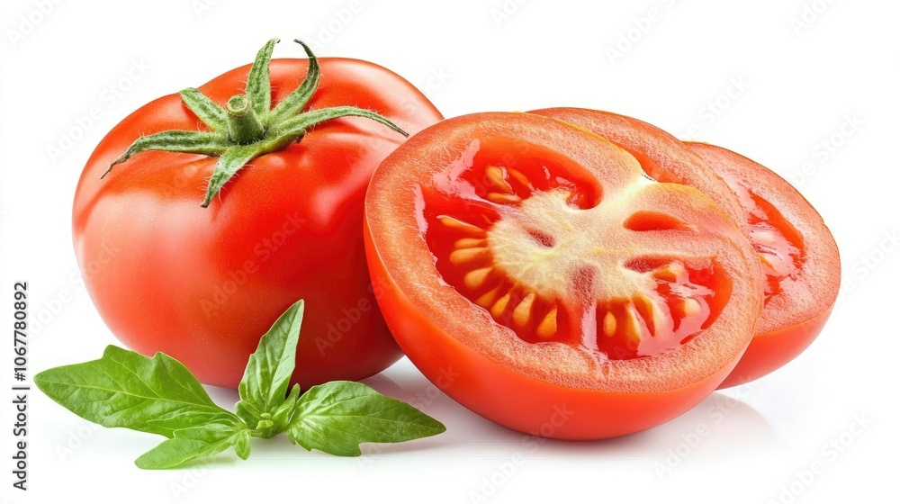 Fresh Red Tomato with Basil Leaf on White Background Fresh Red Tomato with Basil Leaf on White Background