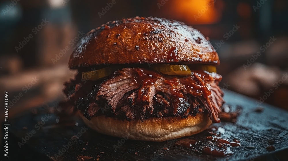 Close-up of a pulled pork sandwich with barbecue sauce and pickles. Close-up of a pulled pork sandwich with barbecue sauce and pickles.