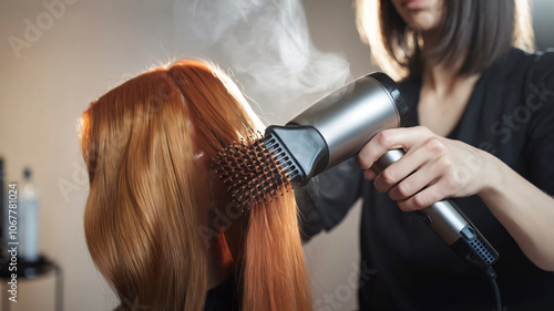 a hairstylist using a round brush while blow-drying a client's red hair photo