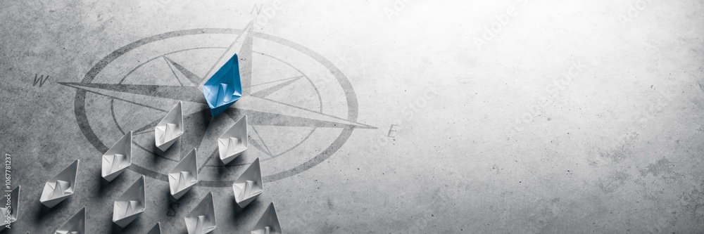 custom made wallpaper toronto digitalBlue Paper Boat Leading A Fleet Of Small White Boats With Compass Icon On Grey Concrete - Leadership Concept	
