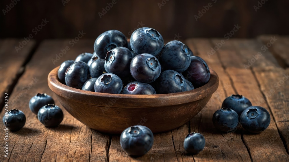 A wooden bowl filled with fresh blueberries on a rustic wooden surface. A wooden bowl filled with fresh blueberries on a rustic wooden surface.