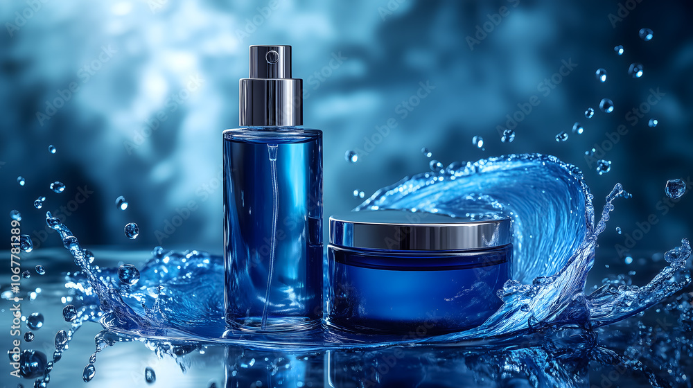Two blue skincare bottles with a water splash in background Two blue skincare bottles with a water splash in background