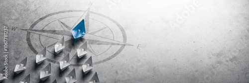Wallpaper Mural Blue Paper Boat Leading A Fleet Of Small White Boats With Compass Icon On Grey Concrete - Leadership Concept	
 Torontodigital.ca