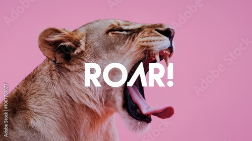 Roaring Lion with Bold ROAR! Text on Pinkish Background