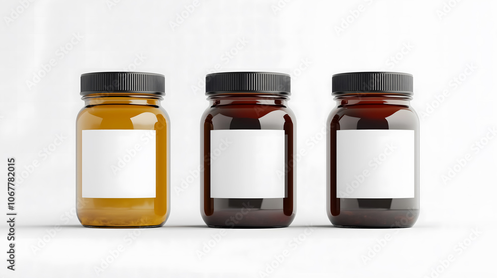 Three glass jars with black lids, blank labels, on white background Three glass jars with black lids, blank labels, on white background