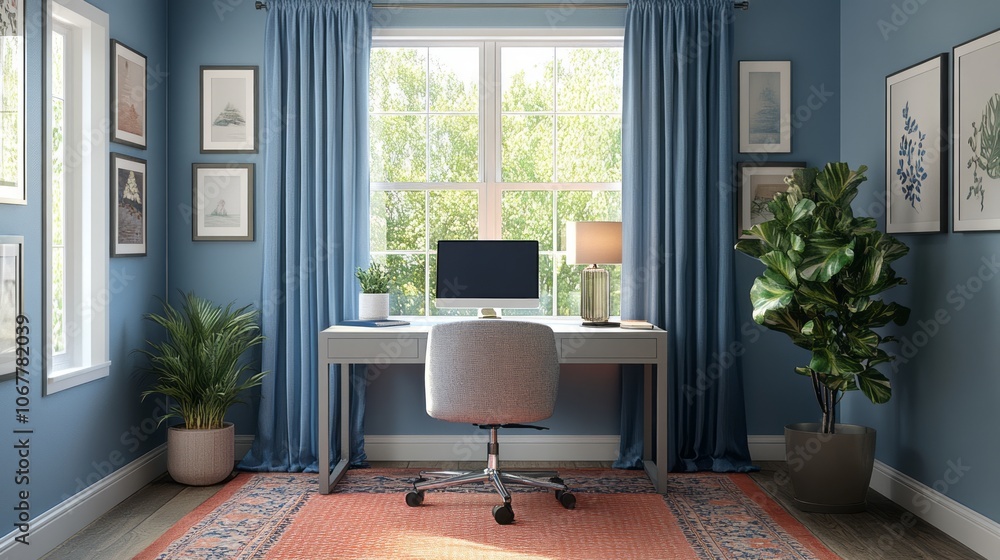Modern Home Office with Blue Walls, Window, Desk, and Plants Modern Home Office with Blue Walls, Window, Desk, and Plants