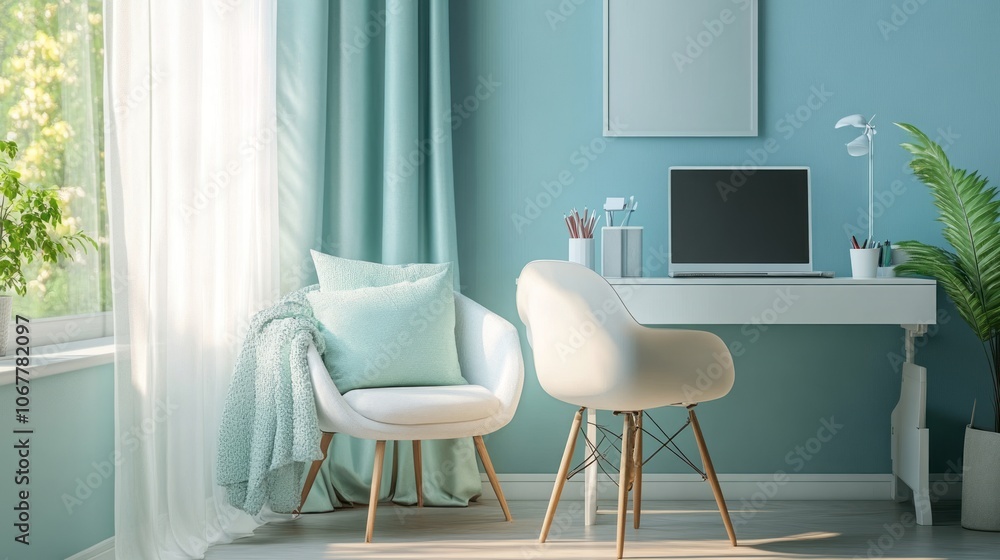 Modern Home Office Interior with Blue Walls and White Furniture Modern Home Office Interior with Blue Walls and White Furniture