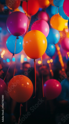 a celebration background at a party with balloons, music, and festive decorations in a nightclub