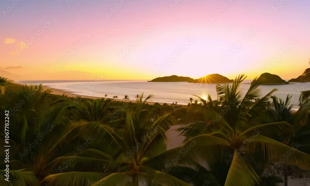 Exotic tropical palm trees at sunset, with golden light casting long shadows on the sandy beach Exotic tropical palm trees at sunset, with golden light casting long shadows on the sandy beach