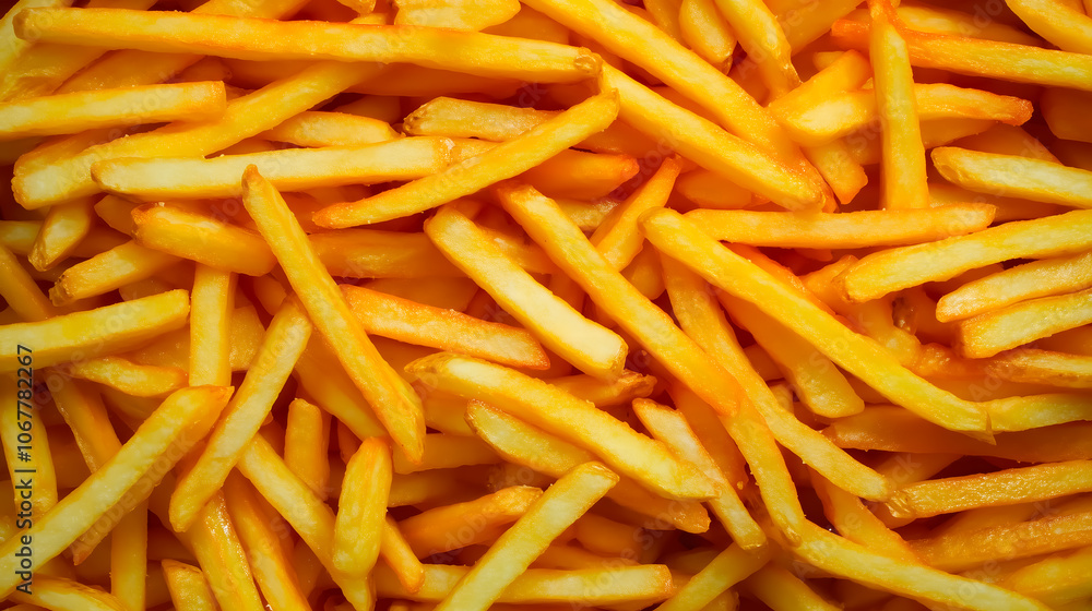 A large pile of classic French fries with a golden-yellow color A large pile of classic French fries with a golden-yellow color