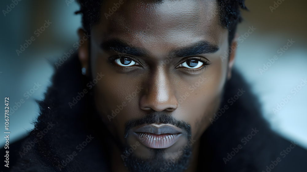 Close-up portrait of a man in a fur-lined coat, with intense gaze Close-up portrait of a man in a fur-lined coat, with intense gaze
