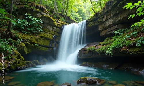 A waterfall flowing in a dense forest