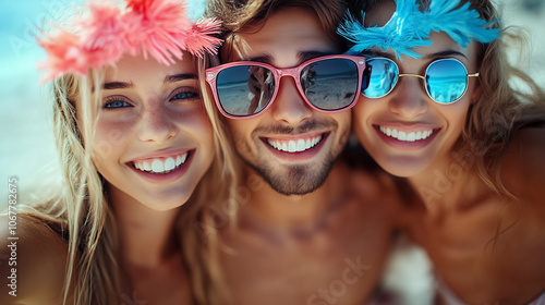 man and women friends wearing sunglasses and caribbean outfits enjoying a beach party on an island with palm trees
