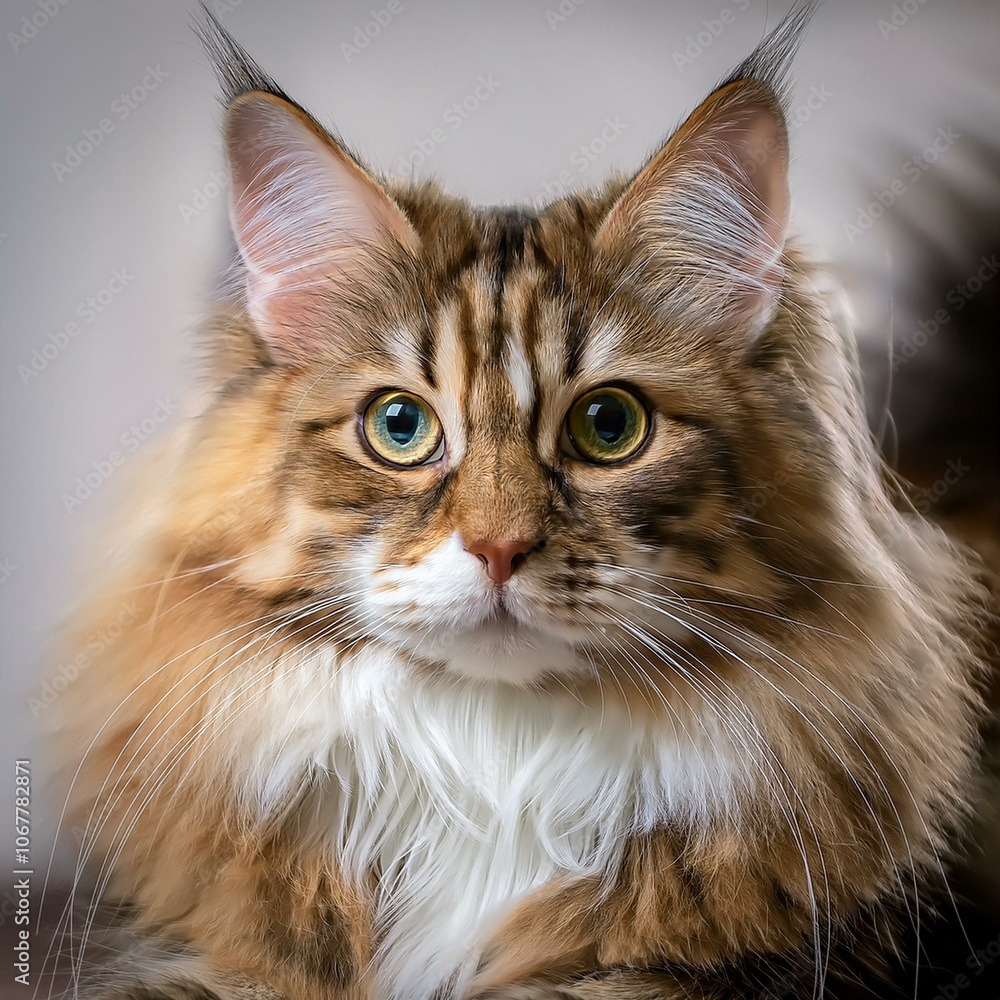 A majestic purebred cat with a long, luxurious coat, tufted ears, large, expressive eyes, and a bushy tail. Seen from the side, it exudes elegance and a regal presence in full-height profile. A majestic purebred cat with a long, luxurious coat, tufted ears, large, expressive eyes, and a bushy tail. Seen from the side, it exudes elegance and a regal presence in full-height profile.