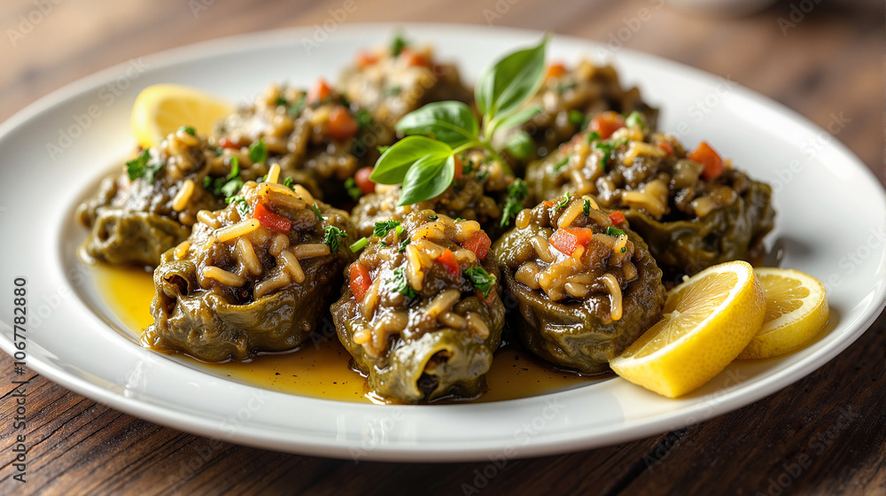 Stuffed grape leaves with rice and herbs on white plate Stuffed grape leaves with rice and herbs on white plate