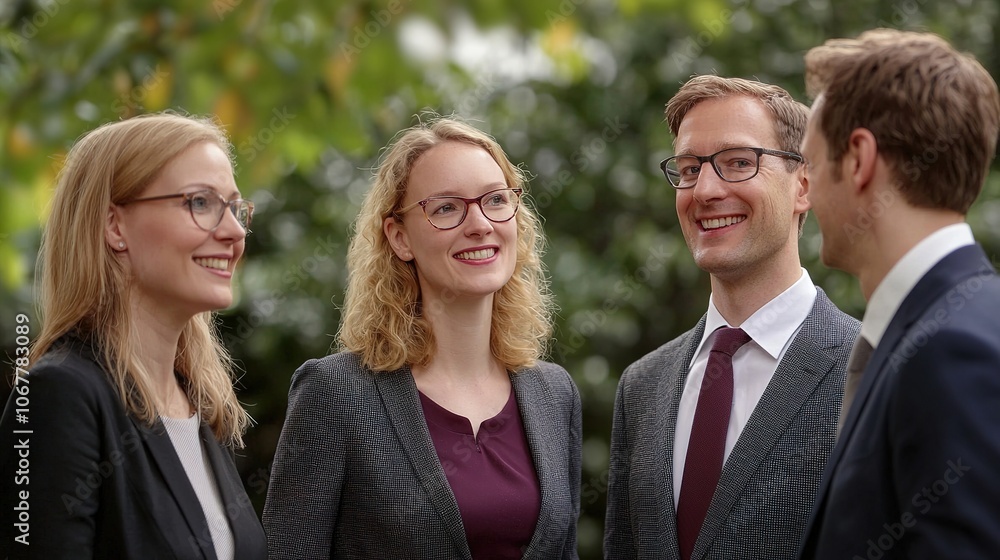 Four professionals in suits engaging in conversation outdoors, surrounded by greenery, displaying friendly expressions and glasses. Four professionals in suits engaging in conversation outdoors, surrounded by greenery, displaying friendly expressions and glasses.