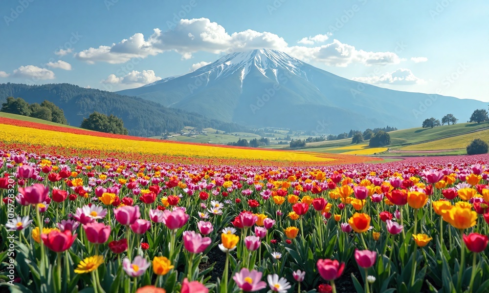 Colorful flower fields with mountain background Colorful flower fields with mountain background