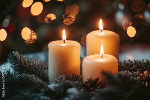 Close-up of three burning candles set against a dark background, symbolizing hope and warmth during the Christmas season.