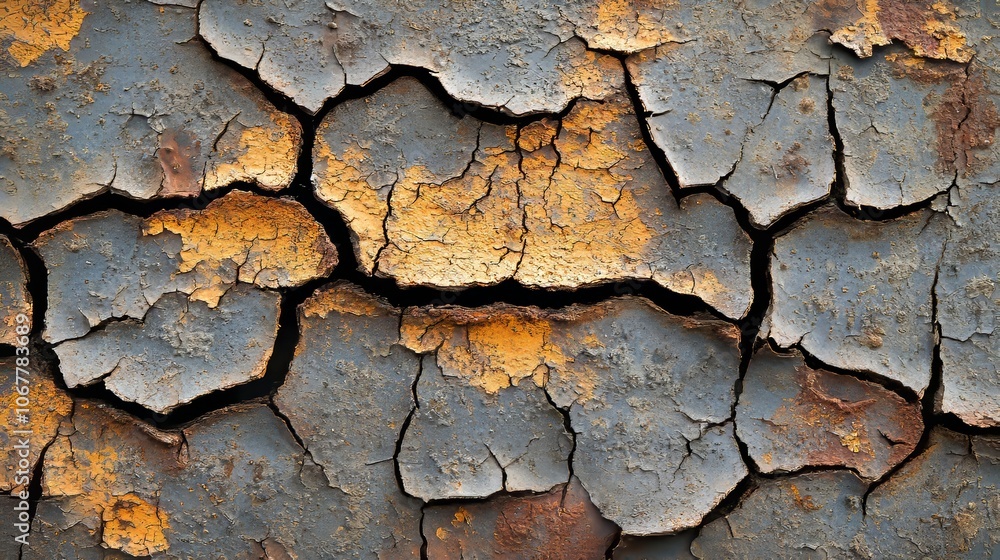 Close-up of a decayed metal surface, rust blooming in symmetrical spots, fine cracks creating a web-like pattern, warm-toned rust blending with cool greys Close-up of a decayed metal surface, rust blooming in symmetrical spots, fine cracks creating a web-like pattern, warm-toned rust blending with cool greys