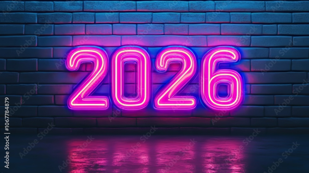 Neon Sign With The Number 2026 Against A Brick Wall, 3D Rendered Image With A Retro Vibe. Neon Sign With The Number 2026 Against A Brick Wall, 3D Rendered Image With A Retro Vibe.