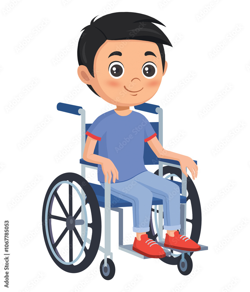 Smiling boy with disability on wheelchair wearing in modern clothes isolated on white background. Smiling boy with disability on wheelchair wearing in modern clothes isolated on white background.